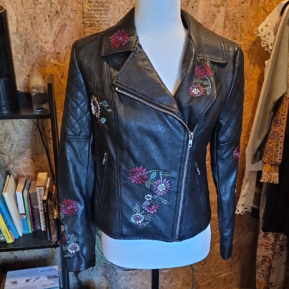 Floral Embroidered Black Leather Jacket